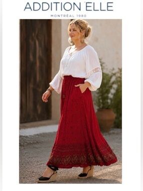 2X Red Bohemian Maxi Skirt with Drawstring Waist from Addition-Elle